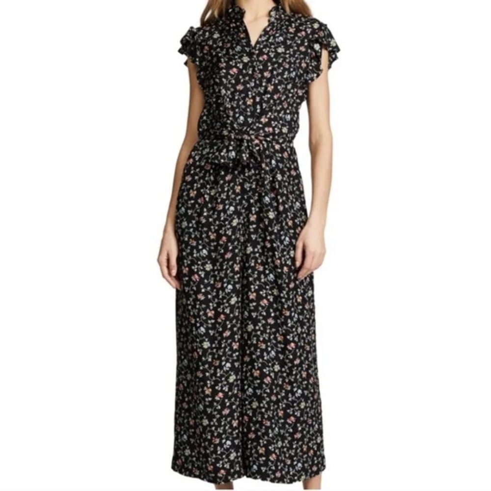 Rebecca Taylor 100% Silk Black Floral Vine Print Cropped Wide Leg Jumpsuit - Picture 2 of 15